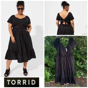 Torrid Black Midi Poplin Sheer Waist Dress Open Back Short Sleeve 1X 14 16 NWT
